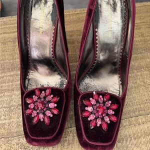 Pair of burgundy velvet heels with jewel